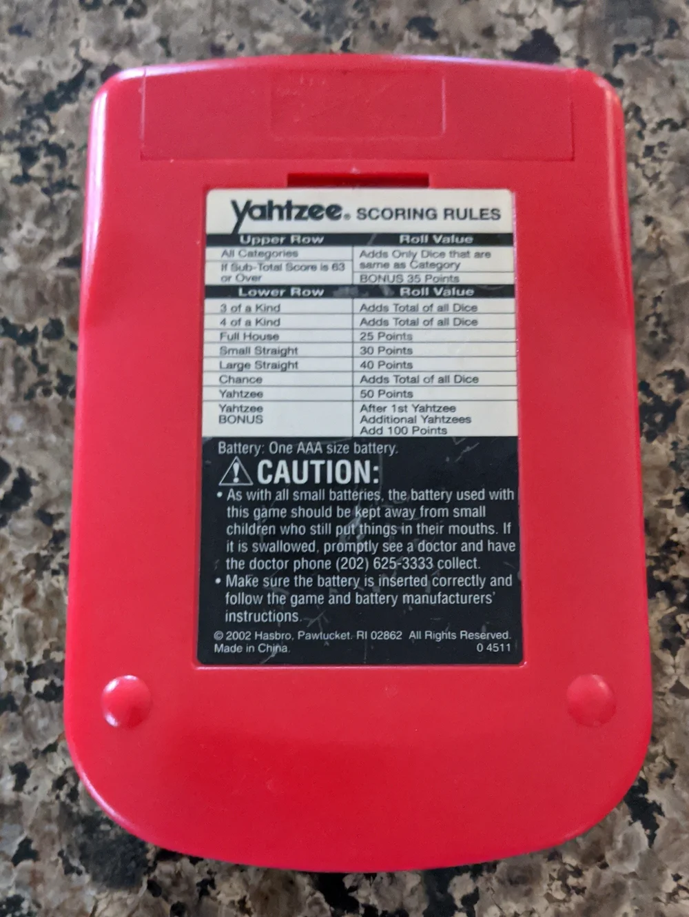Hasbro 2002 Vintage Yahtzee Handheld Pocket Electronic Game Gold & Red works